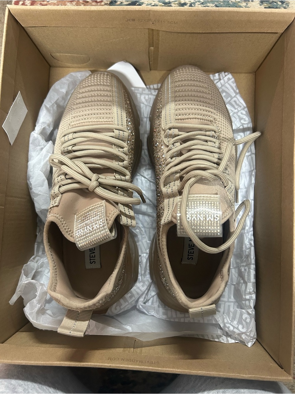 Steve Madden Beige Knit Sneaker with Rhinestone Pull Tab